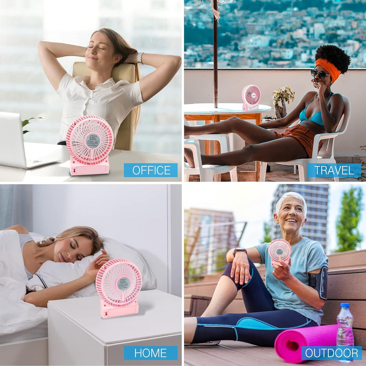 3-Speed Mini Desk Fan with LED Light, Portable USB Fan Quiet for Home, Office, Travel, Camping, Outdoor, Indoor, 4.9-Inch, Pink
