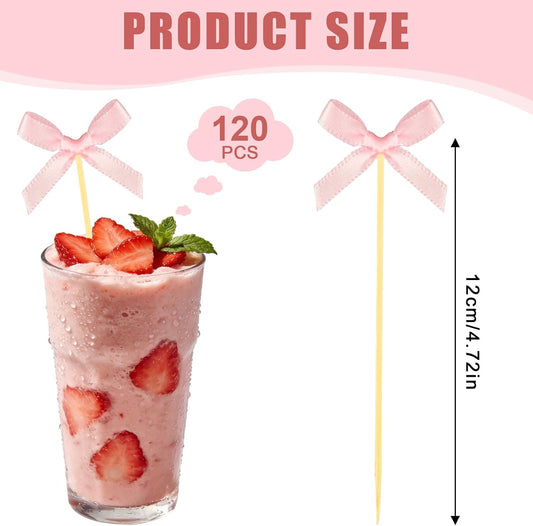 120 Pcs Pink Bow Cocktail Picks 4.72" Bamboo Fancy Toothpicks with Bowknot Bulk Swizzle Sticks for Dessert, Fruit, Appetizers,Ideal for Bridal Shower, Birthday, Valentines Day, Wedding Party Favors
