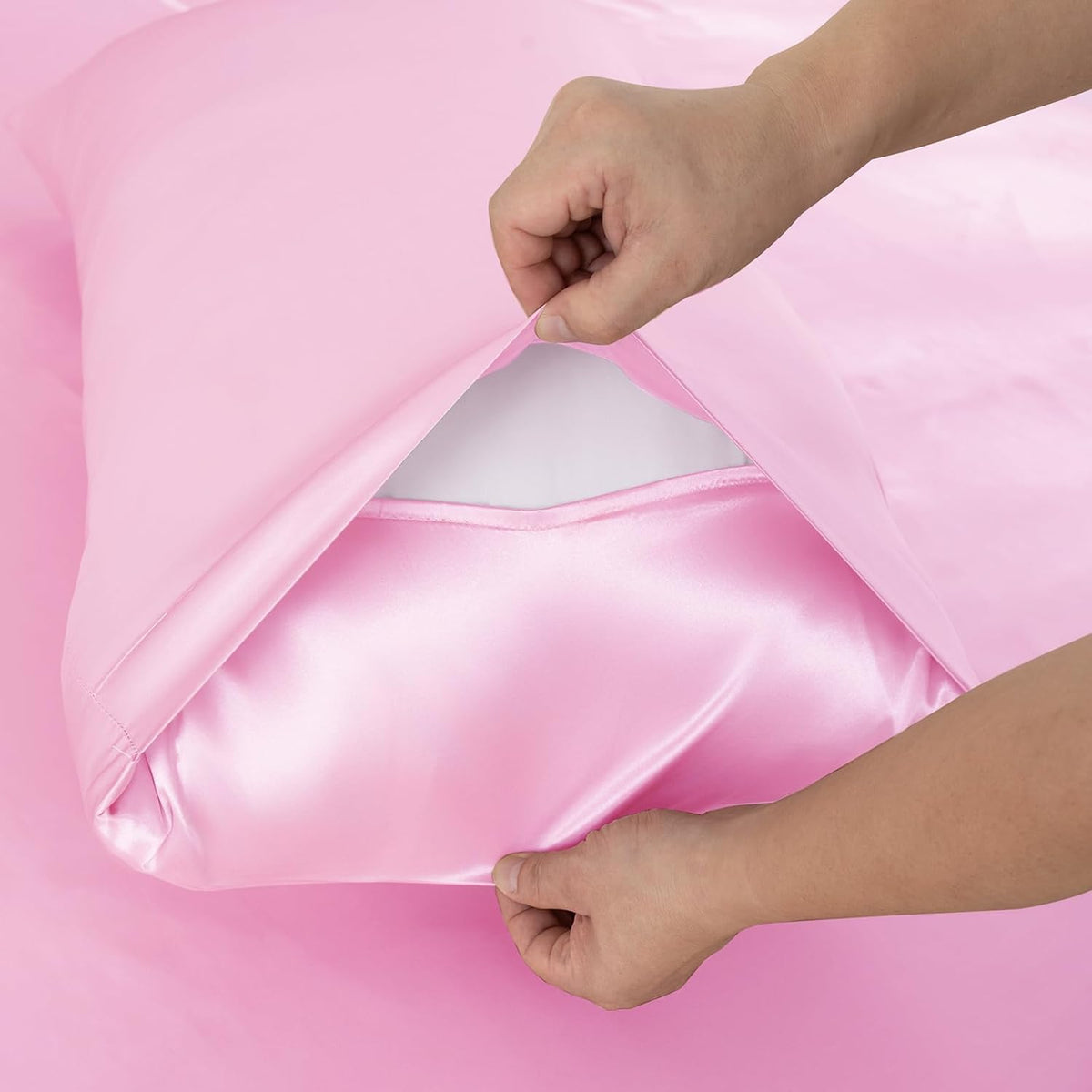 3 Pcs Satin Fitted Sheet Set Queen Pink 15 Inch Deep Pocket
