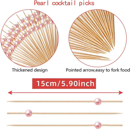 120 pcs 5.9in long Pearl Cocktail Picks,Pink Ball Food Sticks Charcuterie Boards Accessories,Bamboo Skewers for Appetizers Drinks Fruit.
