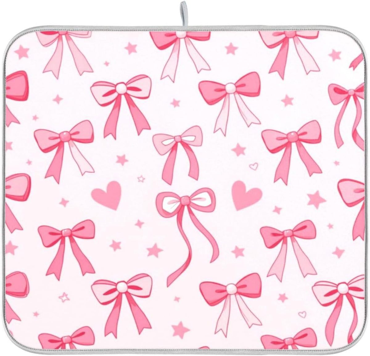 Pink Bows Heart Dish Drying Mat Kitchen Counter Mat Draining Mat Kitchen Accessories Dish Rack Pad for Dishes, Utensils, Countertops, Sinks 18x24in