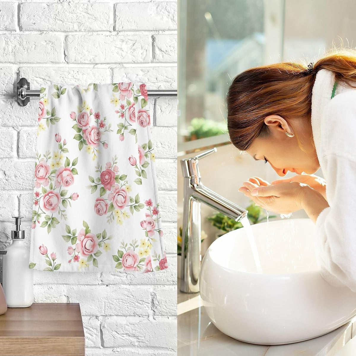 Towels Cotton Hand Towels Pack of 2, Pink Rose Flower Floral Ultra Soft Highly Absorbent Towels for Bathroom, 16x28 Inches