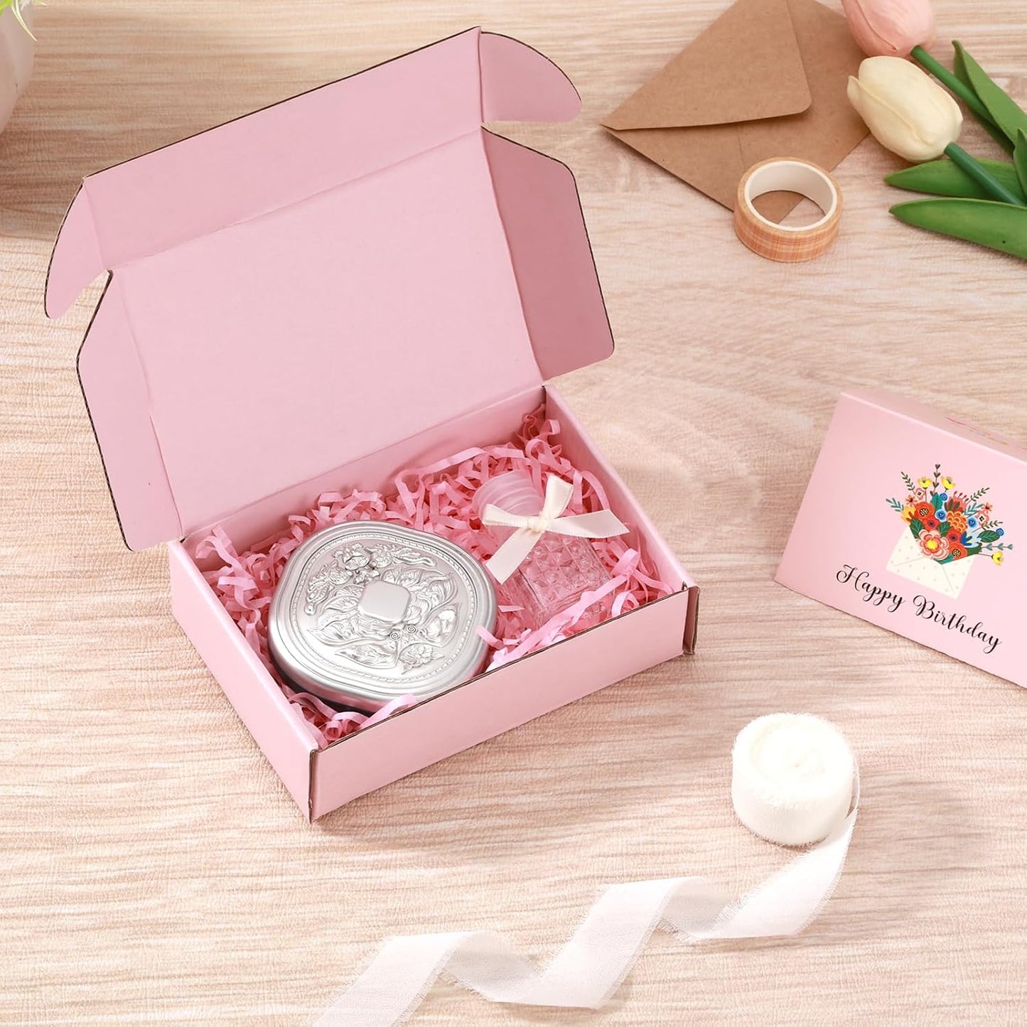 30 Pack Pink Shipping Boxes – 5.7"x3.7"x1.5" Corrugated Cardboard Mailer Boxes with Chiffon Ribbon, No-Tape Assembly Gift Boxes for Small Business, Handmade Crafts & Holiday Packaging