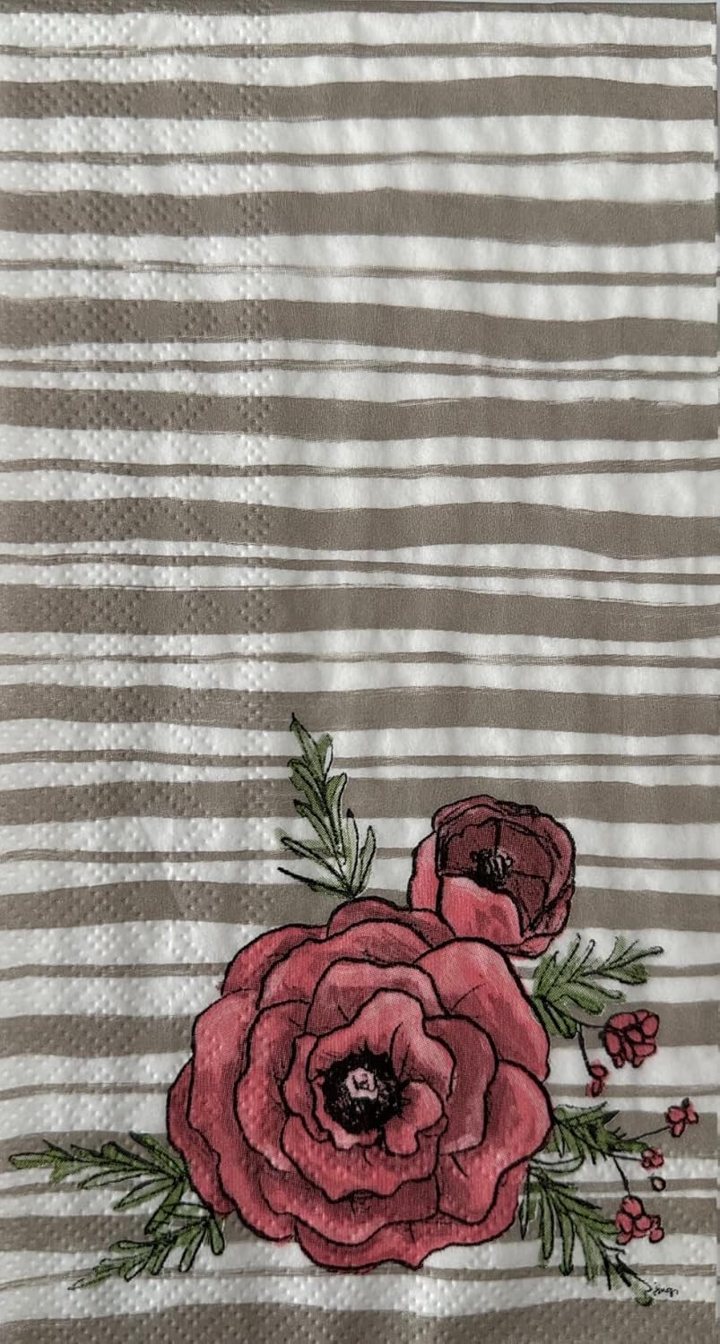 Pink Peonies on Gray & White Stripes Guest Towel/Dinner Napkin
