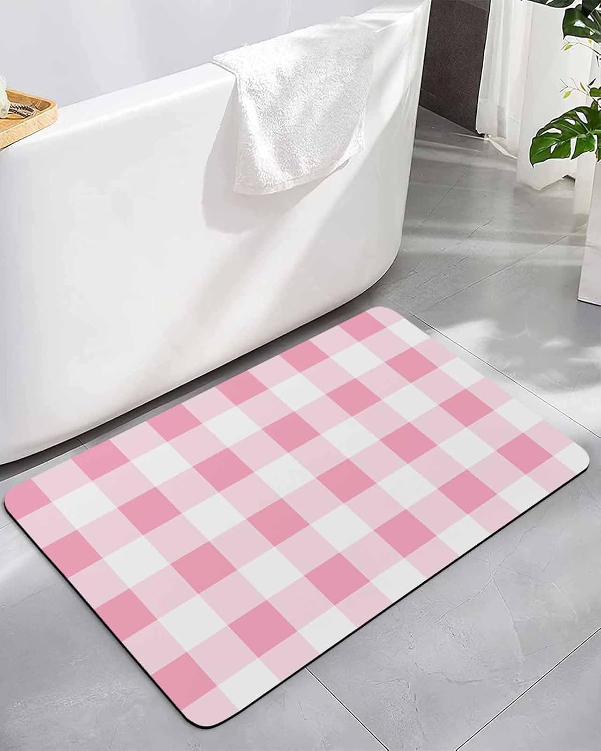 Pink Gradient Buffalo Check Bath Rug Diatomite Shower Mat, Absorbent Bath Mat Non Slip Quick Dry Bathroom Rugs for Shower Bathtub Sink Kitchen Modern Geometric Grid