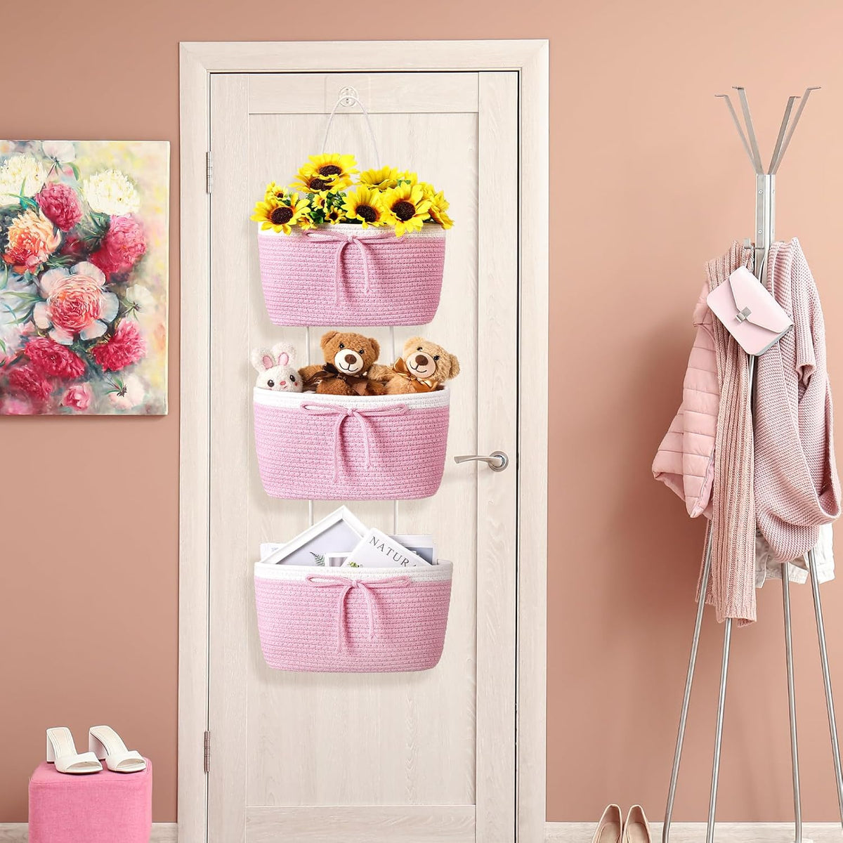3 Tier Hanging Basket with Hook, Toy Storage, Pink, Bow
