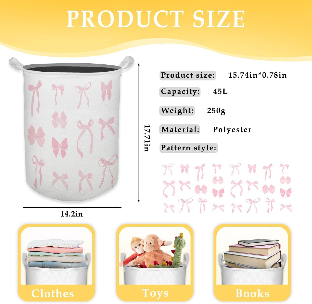 Pink Girls Laundry Basket, Toybox for Girl Room, Coquette Pink Bow Ribbon Laundry Basket Hamper Waterproof Collapsible Clothes Toys Storage Bin Organizer for Bedroom Bathroom Girls Room Dorm