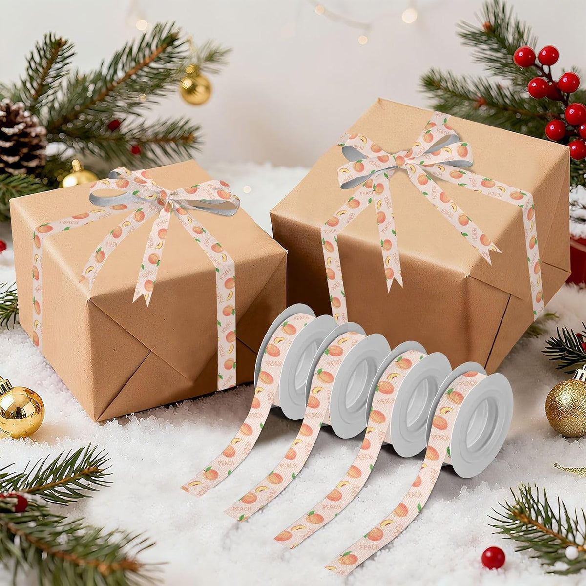 Fruit Peaches Pink Pattern 5 Rolls 25 Yards Fabric Ribbon for Gift Wrapping 3/5 inch Holiday Festival Ribbon Set for Wreath Bow DIY Crafts Party Xmas Wedding Decorations