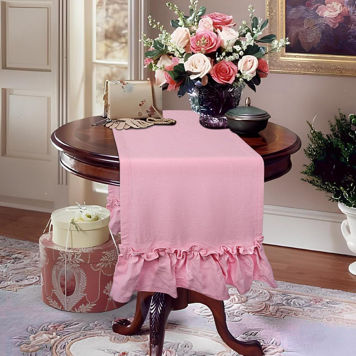 yuboo Pink Farmhouse Ruffle Table Runner, Shabby Pastel Table Runner for Baby Shower Kitchen Party Wedding, Coquette Fall Table Runners 12x54 Inches Rustic Table Decor