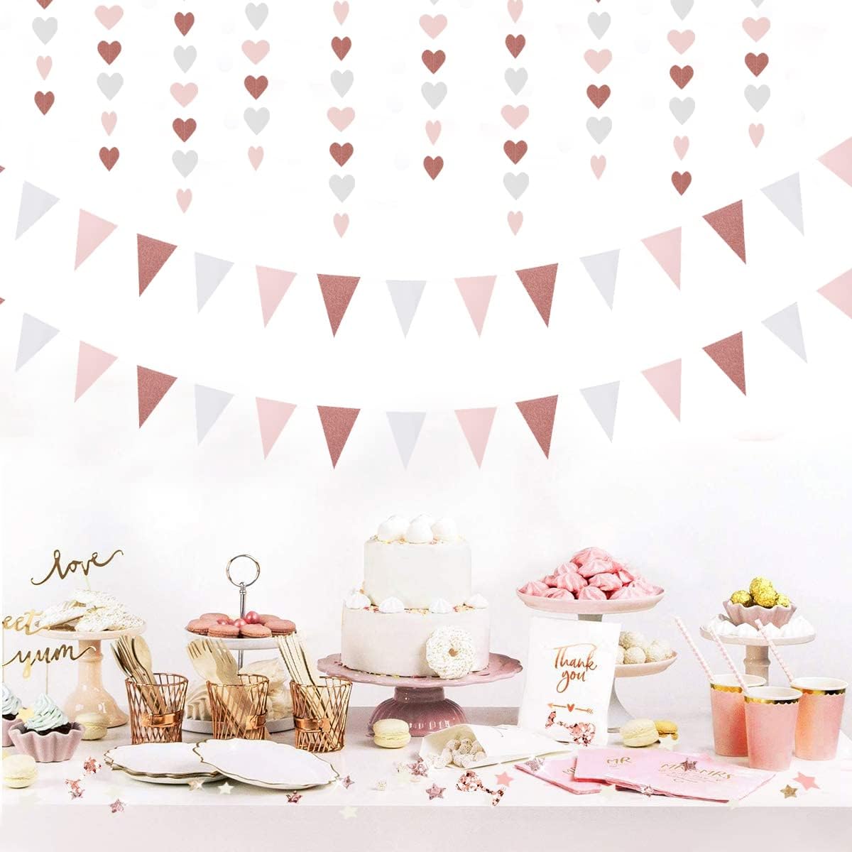 Rose-Gold Pink Party-Decorations Heart Garland Streamers - 52Ft Bachelorette Engagement Hanging Paper Banner,Valentines Day Bridal Shower Wedding Birthday Party Bunting