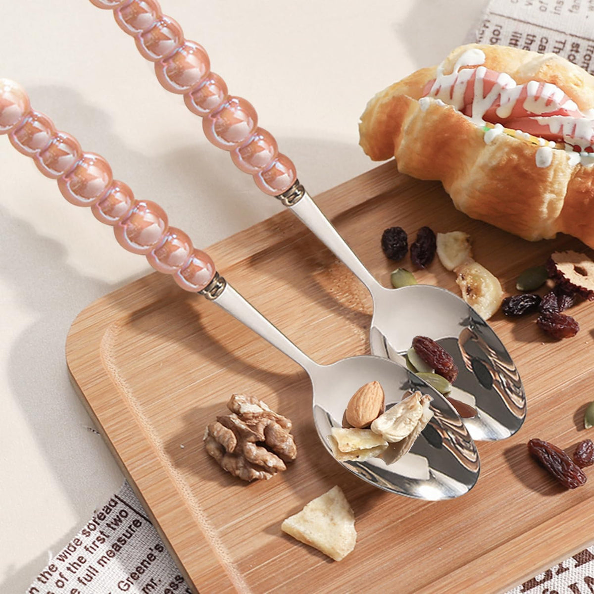 Stainless Steel Spoons, Stainless Steel Ceramic Handle Spoon, Korean Dessert Spoon with Imitation Pearl Handle, 8.4 Inches, 4 Pieces,Pink.