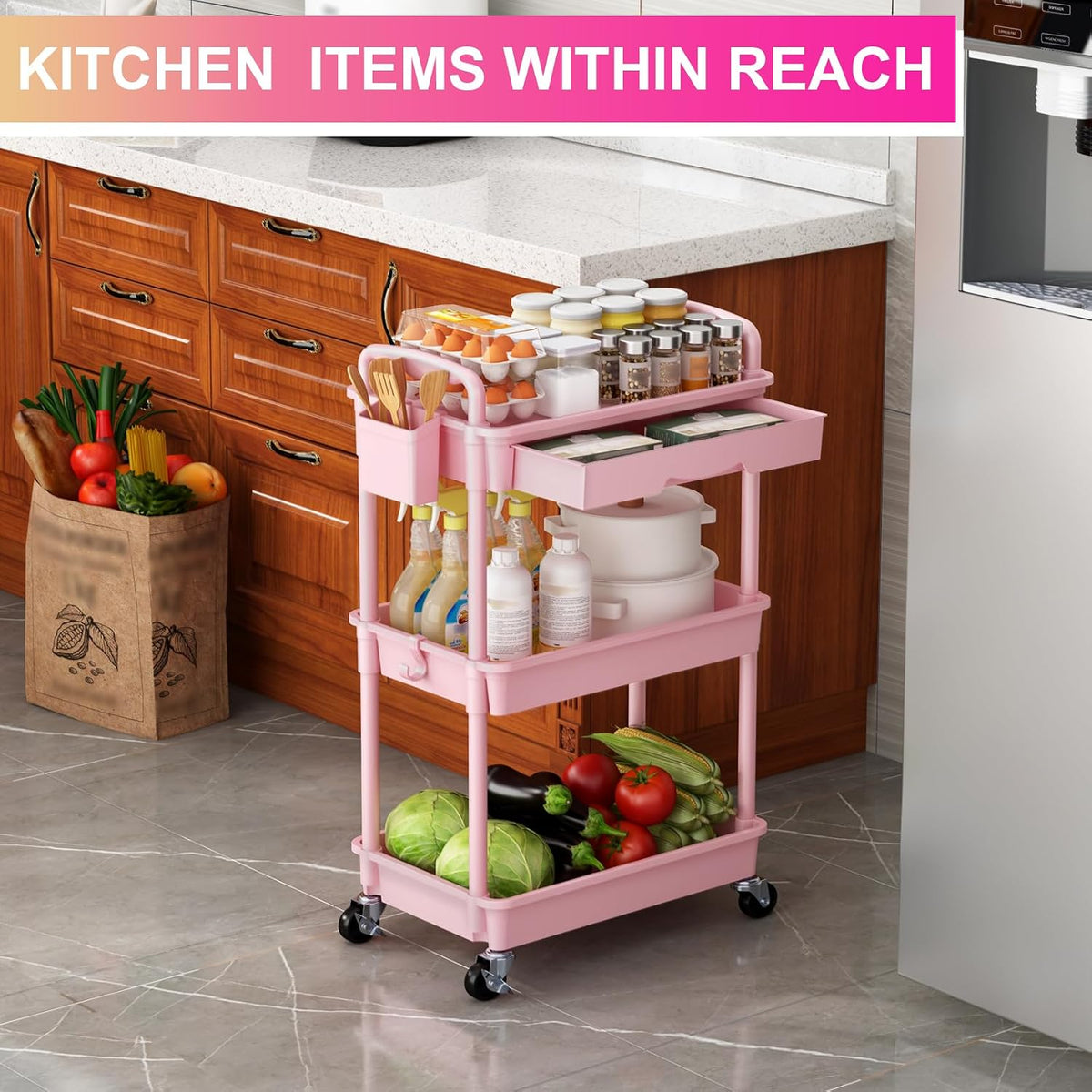 3 Tier Rolling Utility Cart Organizer with Removable Drawer, Pink