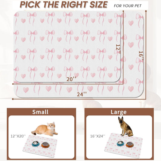 Cute Pink Bow Dog Food Mat for Floors,Heart Absorbent Pet Food and Water Bowl Mats,Non-Slip Pet Feeding Mat,Pet Supplies 12" x 20"