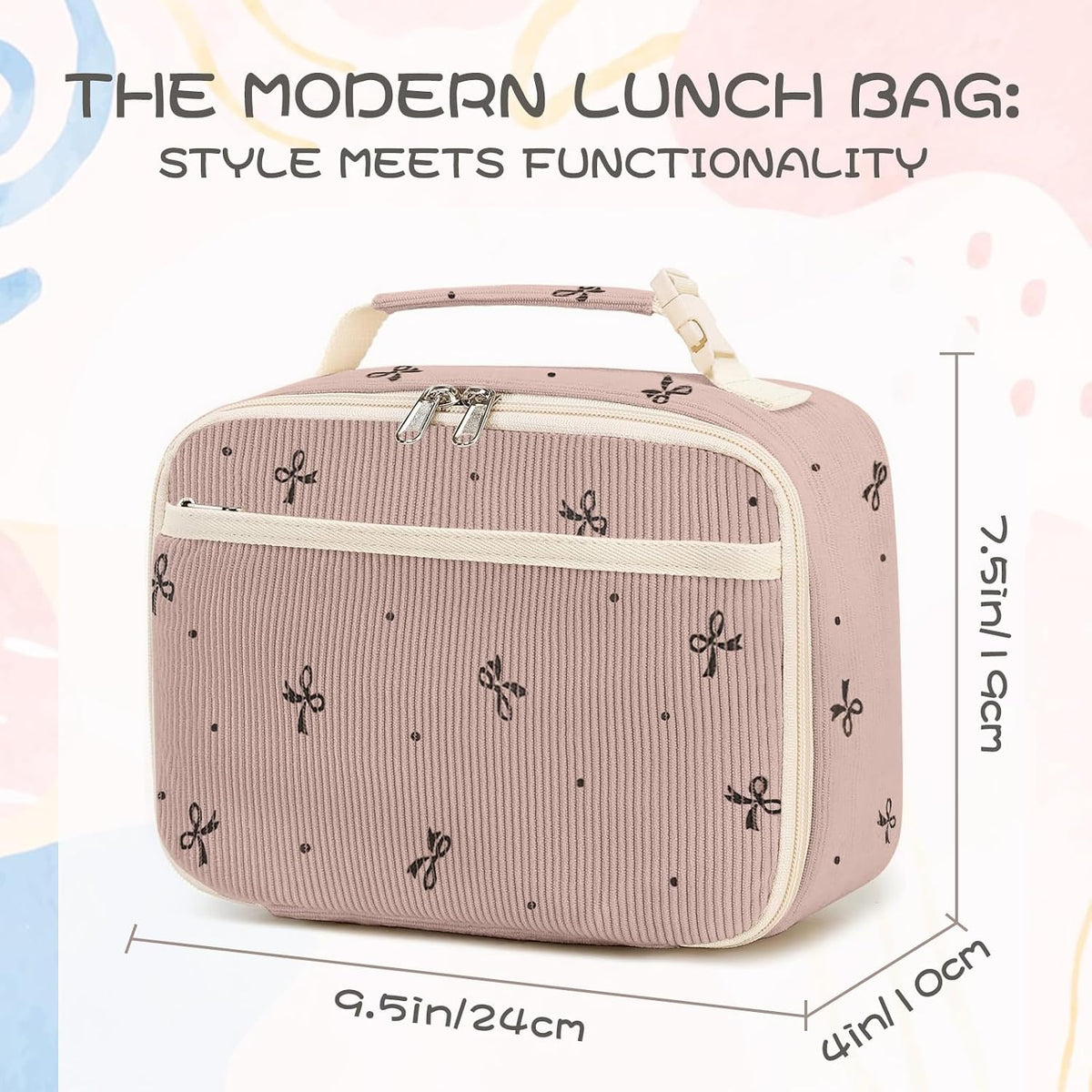 Cute Lunch Bag for Women & Men Corduroy Small Lunch Box with Cooler & Organizer Compartments Insulated Lunch Tote Bag for Travel Work (Pink Bow)