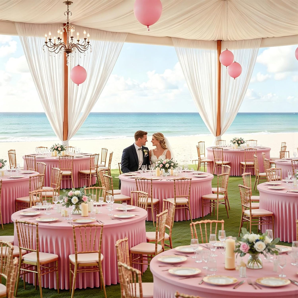 2 Pack Pink Table Cloths for 5FT Round Tables, Fitted Spandex 120 inch Round Tablecloth, Wrinkle Free Pink Table Skirt for Receptions Birthday Photography Social Events Engagement Party Decorations