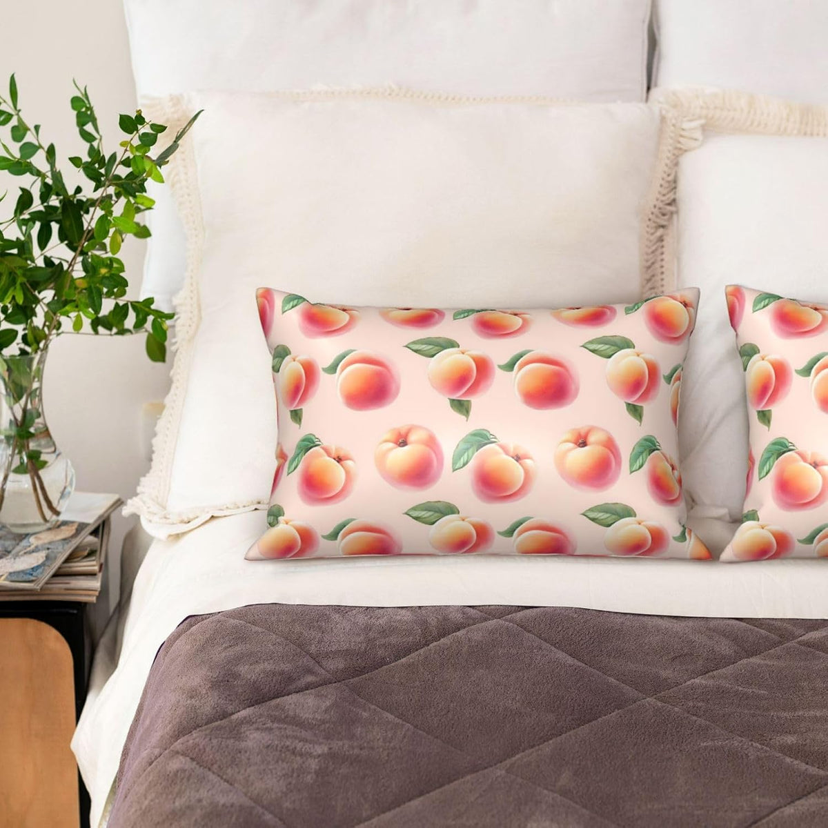 Pink Peach Fruit Cute Satin Pillowcase with Zipper 20x30 in Queen Size Pillows Cases Cover Soft Comfy Pillowcases for Hair and Skin(Without Inserts)