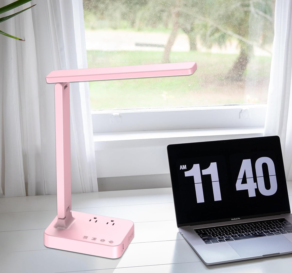 LED Desk Lamp, Desk Light with 1 USB Charging Port and 2 AC Power Outlet, 3 Lighting Modes, 3 Level Brightness,1H Timer, Touch Control, Eye-Caring Home Office Foldable Table Lamp (Pink)