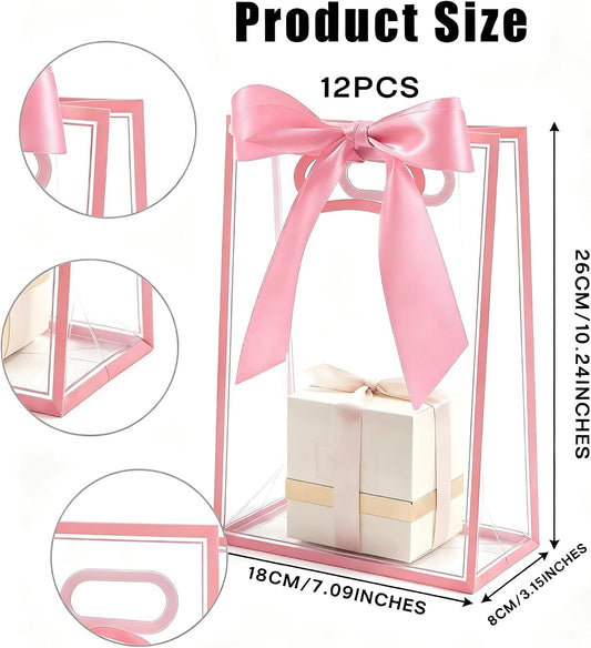 12 Pcs Clear Plastic Gift Bags With Handles Reusable PP Favor Bag With Ribbons For Valentine'S Day Wedding Bridal Shower Birthday Graduation Shopping Business, 7.09x10.24x3.15 Inch (Pink)