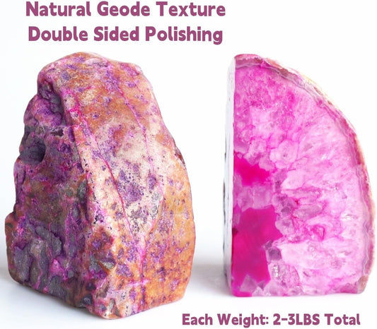 Geode Bookends Agate Decor Book Ends Unique Crystal Bookend Dyed Pink for Home Decorative 1 Pair 2-3 Lbs