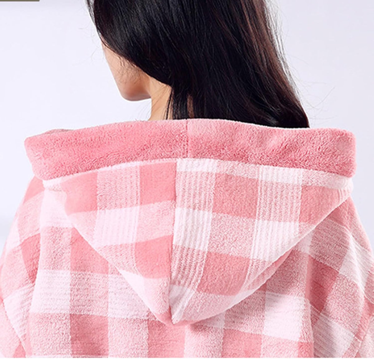 Women's Plush Fleece Plaid Bathrobe Soft Fluffy Long Hooded Bathrobes Comfort Luxurious Cute Teen Girls Housewear