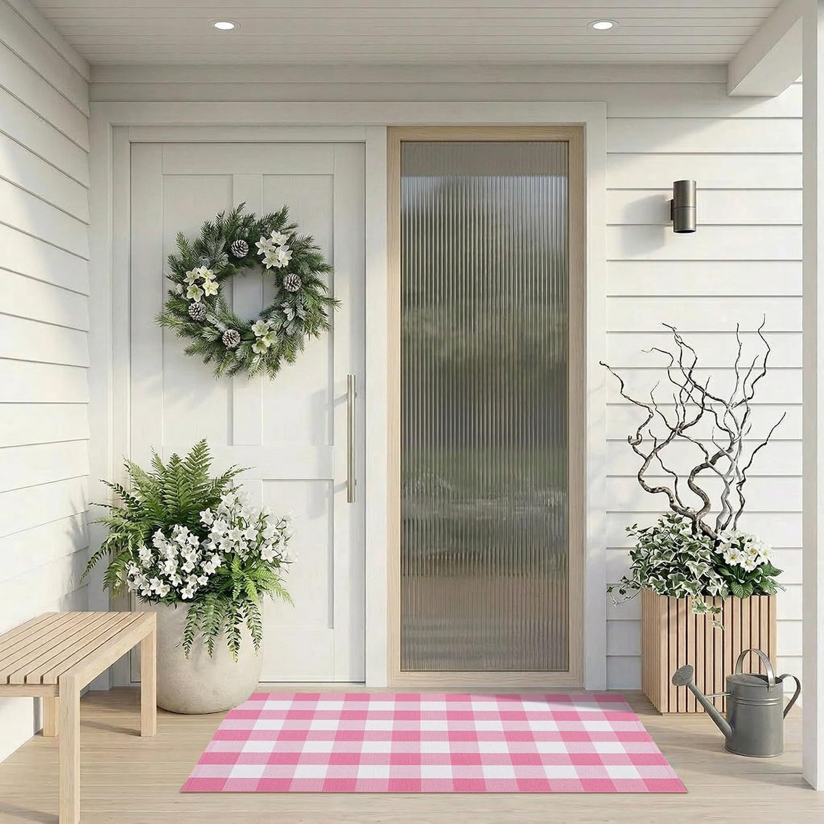 Buffalo Plaid Area Rug, Checkered Rug 3x5 Ft, Pink and White Rug, Washable Cotton Mat for Front Porch, Entryway, Kitchen, Living Room, Home Decor