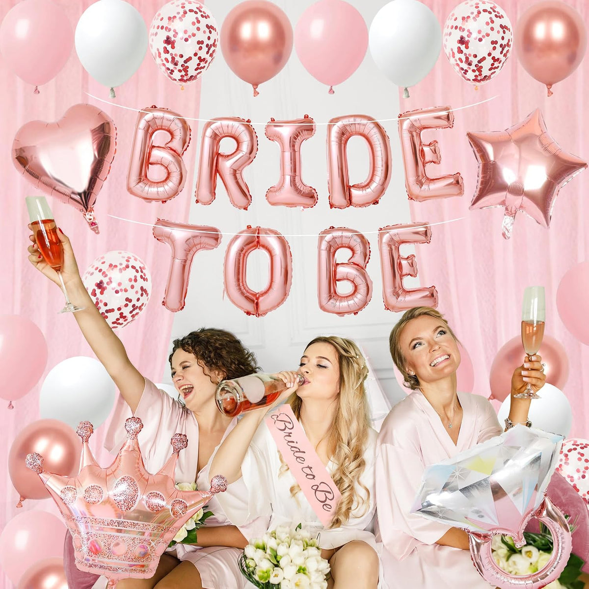 Bachelorette Party Decorations Pink Bridal Shower Banner, Confetti Balloons, Bride To Be Sash&Veil for Women Bachelorette Party Gifts Bridal Shower Decorations Bride To Be Decor