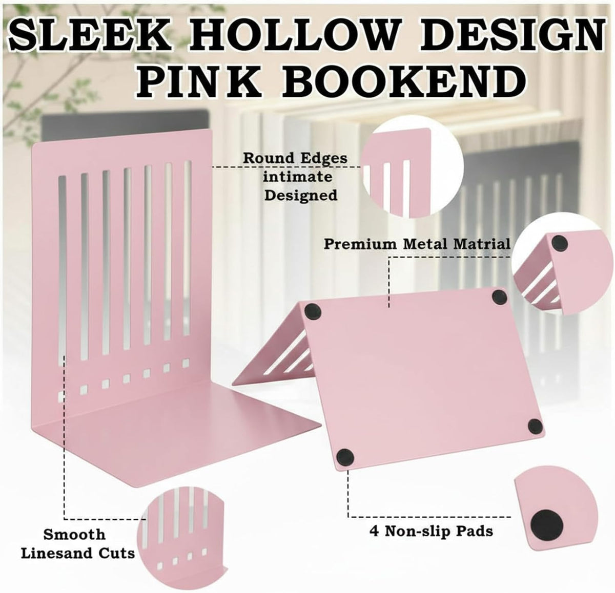 4 Pcs 10 Inch Heavy Duty Bookends Non-Skid Base, Pink