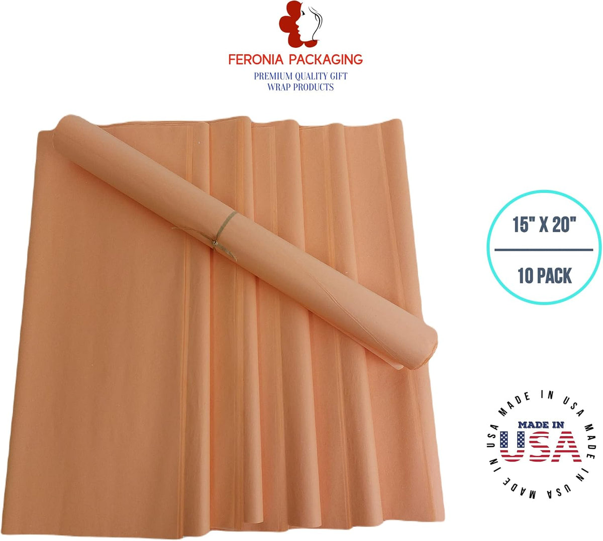 Tissue Paper Squares, Bulk 10 Sheets, Premium Gift Wrap and Art Supplies for Birthdays, Holidays, or Presents , Large 15 Inch x 20 Inch Made in USA (Peach)