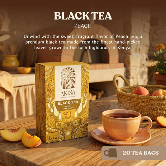 Peach Flavored Black Tea Bags, Individually Wrapped, Fruity Envelope Kenyan Peach Tea Bags, Sweet with Uplifting Aroma (Box of 20) (40g)