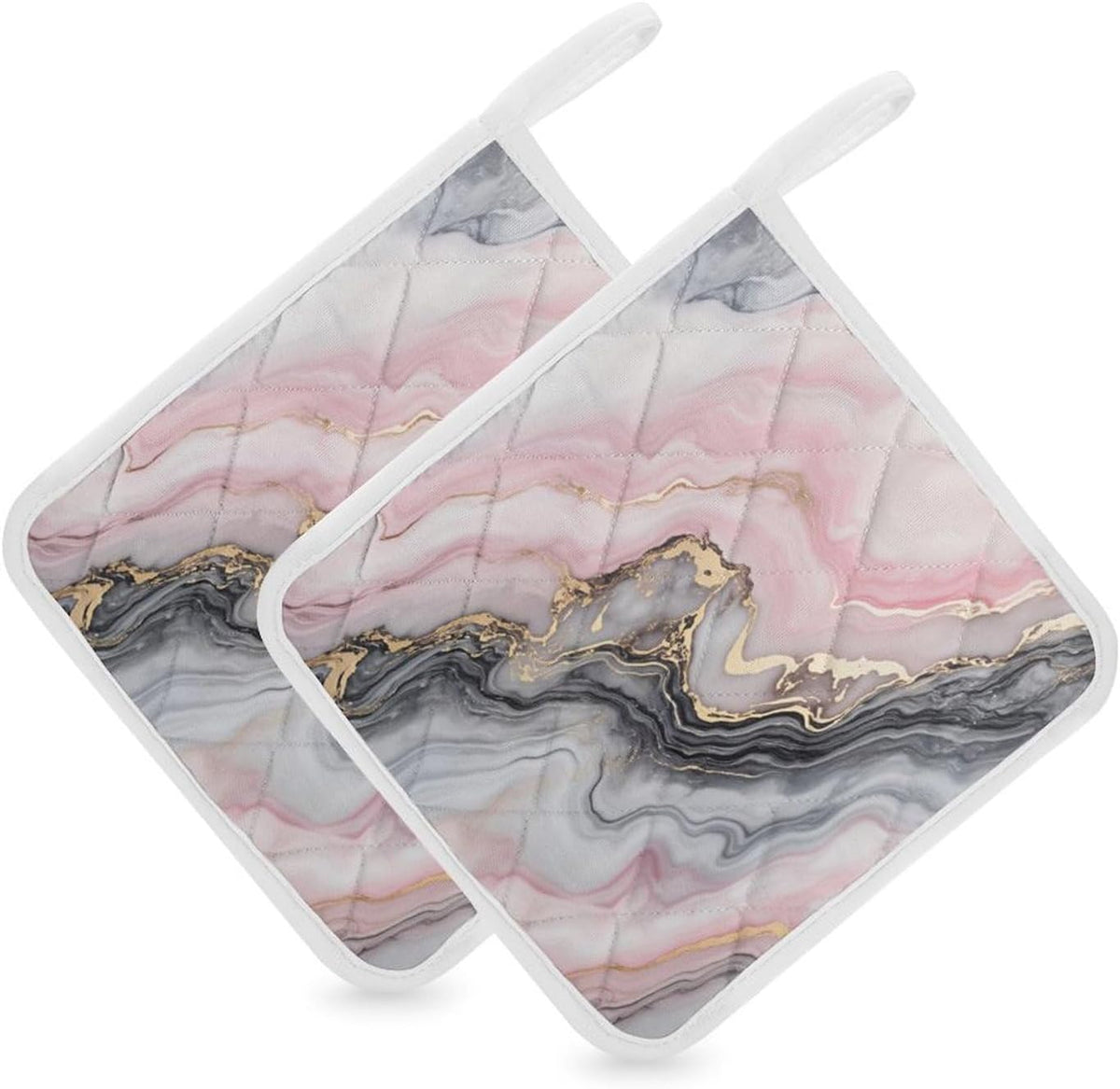 Pink Gray Marble with Gold Veins 2 Pack Heat Resistant Pot Holders with Hanging Loop, Washable Insulated Potholders for Kitchen Dining BBQ Table Protection