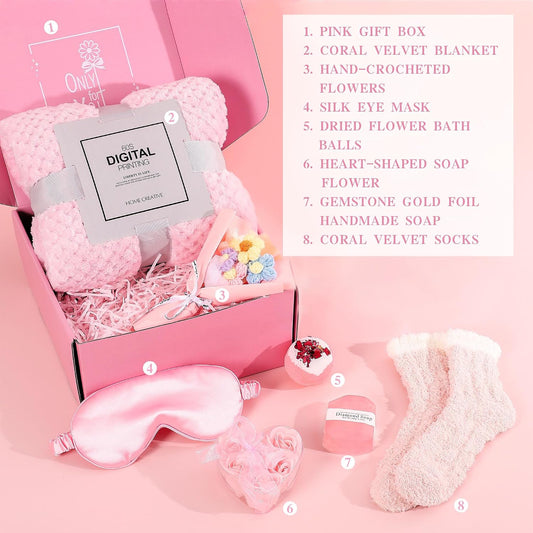 Pink Spa Gift Basket for Women, Self Care Gifts for Birthday Mother's Day Christmas Get Well Soon, Christmas Gift for Women Mom Her Best Friends Sister Wife