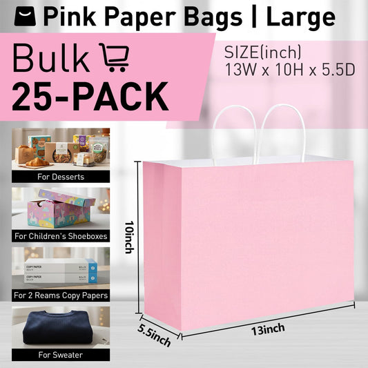 Paper Gift Bags with Handles, Pink, 13x10x5.5 Inch, Large Size, 25 Pack, for Birthday, Wedding, Shopping
