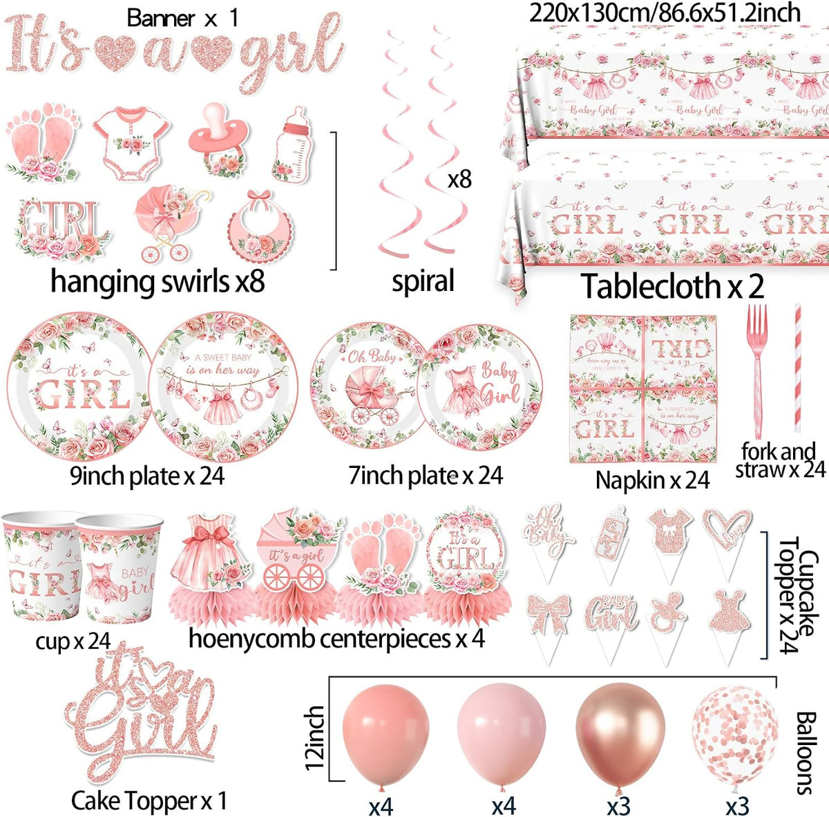 Its a Girl Baby Shower Decorations, Pink Floral Baby Shower Decorations for Girl Include Plates,Napkins,Banner,Balloons,Tablecloth,Cups,Hanging Swirl,Cake Topper,Honeycomb for Baby Girl Party Decor