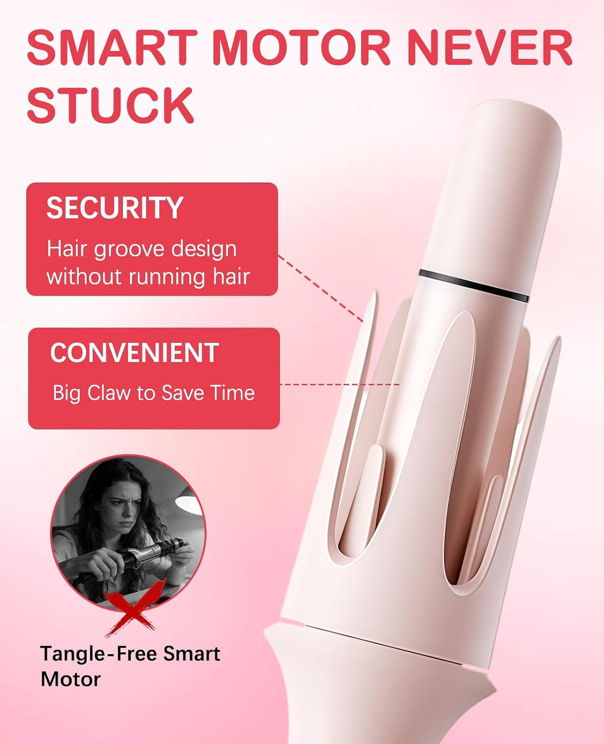 4 in 1 Automatic Curling Iron, Rotating Auto Hair Curler with 1" 1.25" 1.5" Barrels & Straightening Brush, 3 Temp 3 Timer, Ionic Ceramic, Anti-Scald, 60 Min Auto Shut-Off(Cherry Blossom Pink)