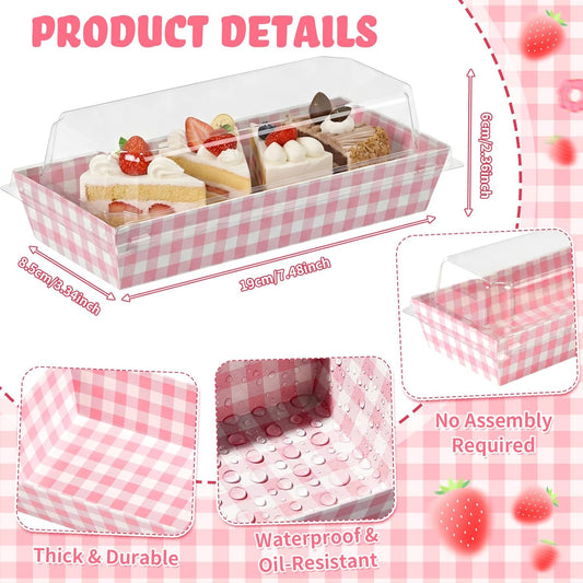 Bokon 50 Pack Pink Gingham Treat Boxes with Clear Lids, Window Dessert Boxes for Cookies Cupcakes Macarons, Disposable Bakery to Go Containers for Wedding Favors, Bridal Shower, Sweet 16 Party