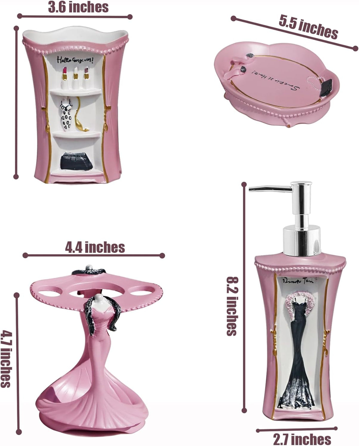 5 Piece Bathroom Accessories Set, Collection Bath Set Features Soap Dispenser, Toothbrush Holder, Tumbler, & Soap Dish (Pink)
