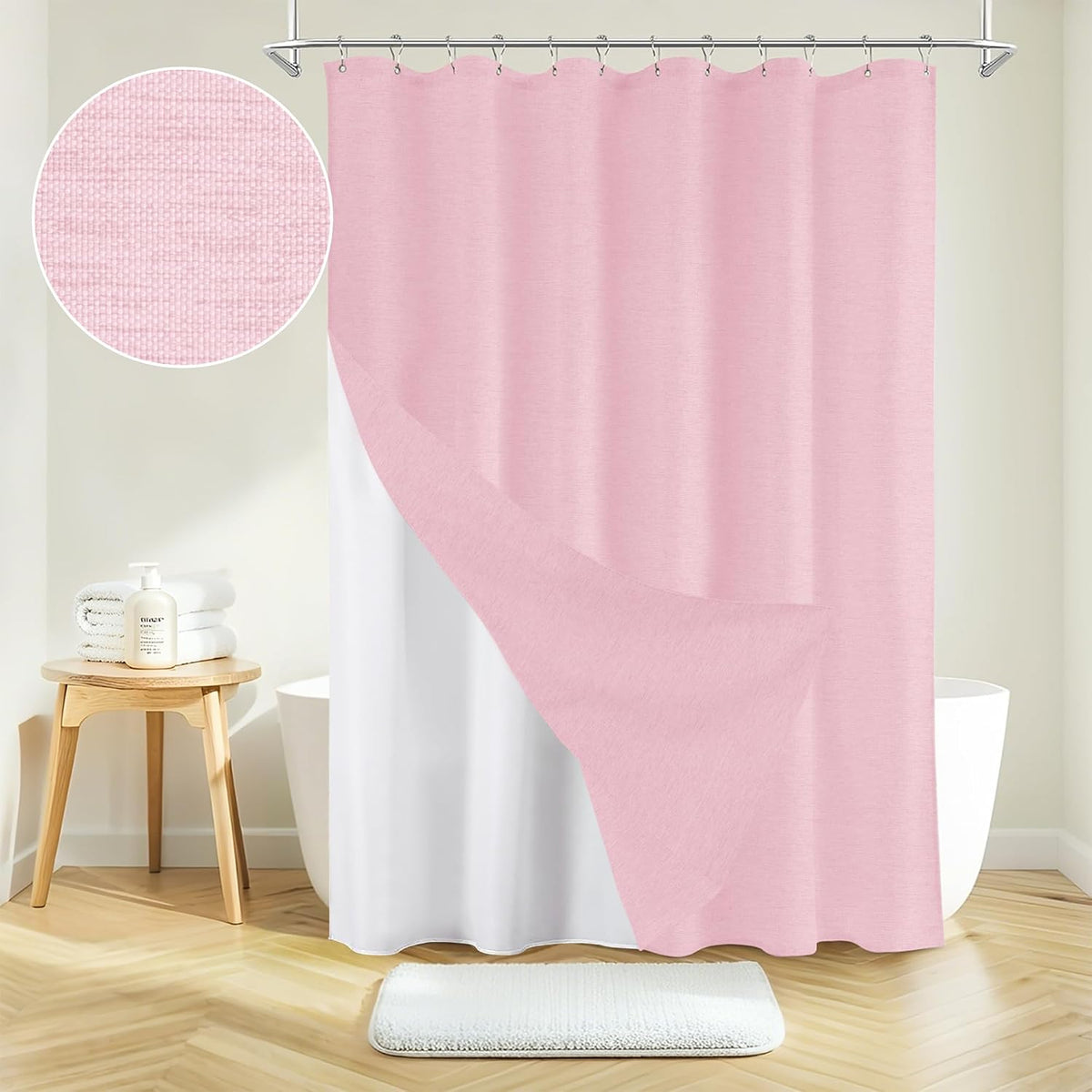 Inhousolu Boho Farmhouse Shower Curtain with Fabric Liner Set, Luxury Faux Linen Textured, Metal Hooks, Weighted Hem, Washable Wrinkle Free Bath Curtain for Hotel Bathroom 72" W x 72" L Pink