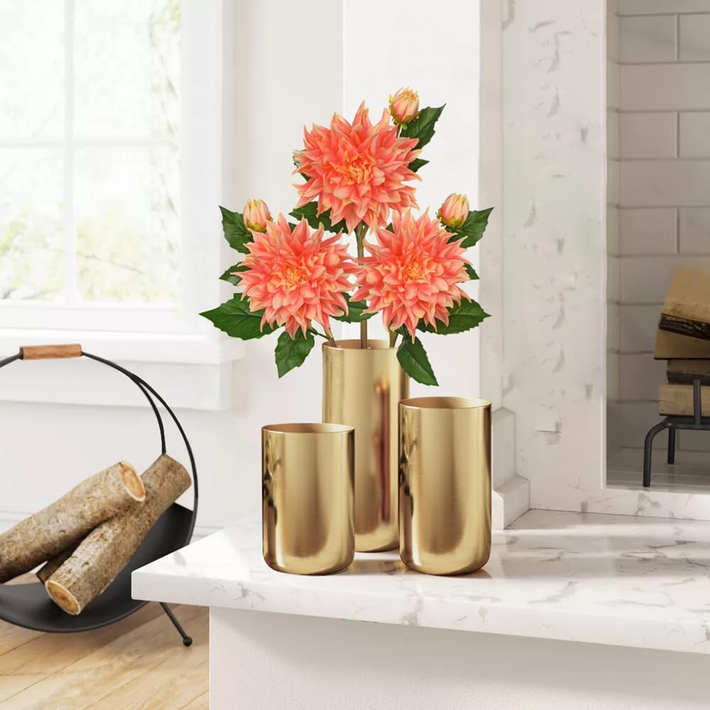Artificial Dahlia Flowers – Set of 3 | 27.9" Tall Real-Touch Silk Dahlia Stems with Large 6.1" Blooms | Lifelike Peach Faux Flowers for Home Decor, Wedding, Centerpieces & Floral Arrangements