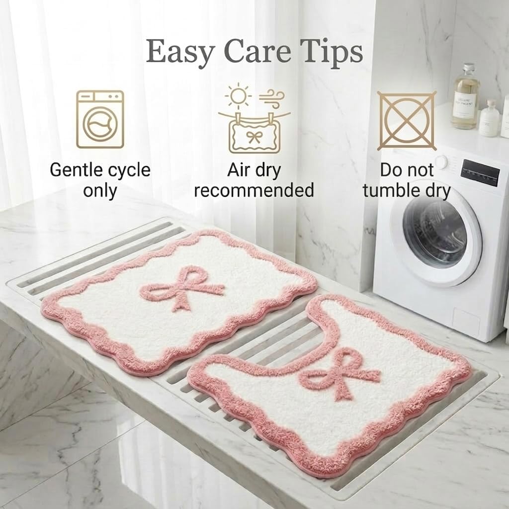 Pink Bow Bathroom Rug Set, 2 Piece Coquette Bath Mats, Non Slip Absorbent