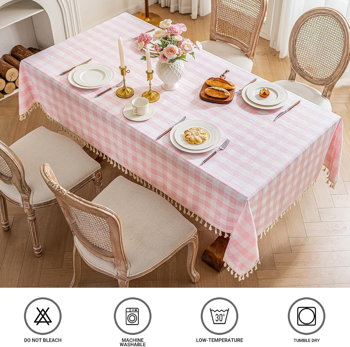 Checkered Tablecloth Round Cotton Linen Gingham Table Cloth with Tassel Washable Wrinkle Free Heavy Duty Buffalo Plaid Table Cover for Dining/Party/Picnic (Pink, 55" x 55" (Round))