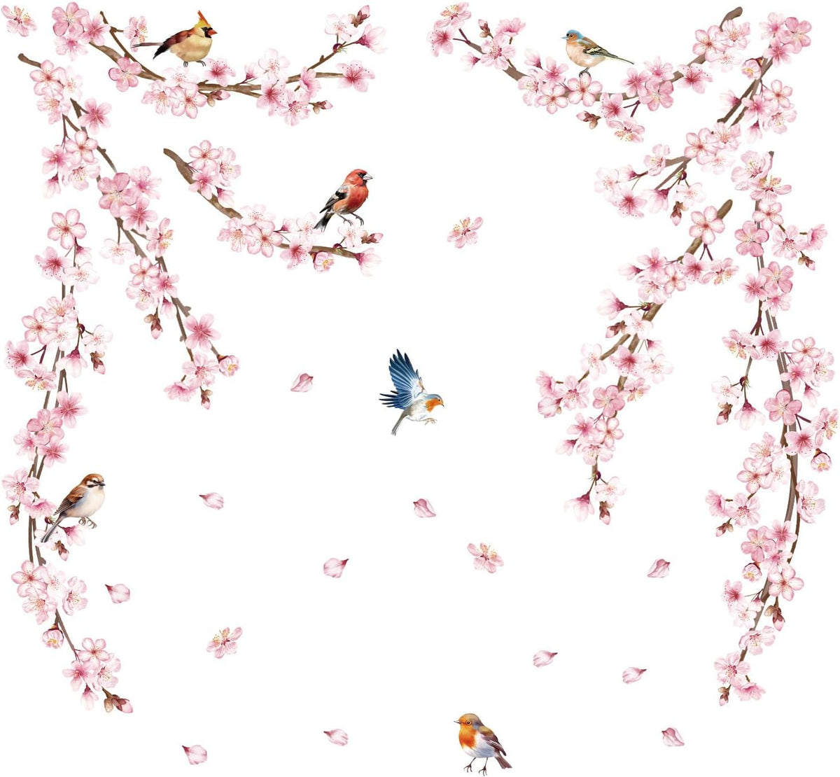 Cherry Blossom Wall Decals, Pink Vine Flowers, Hanging Floral Tree Branch and Birds Peel & Stick Wall Stickers for Bedroom, Living Room, Nursery, Sofa, Office Decor