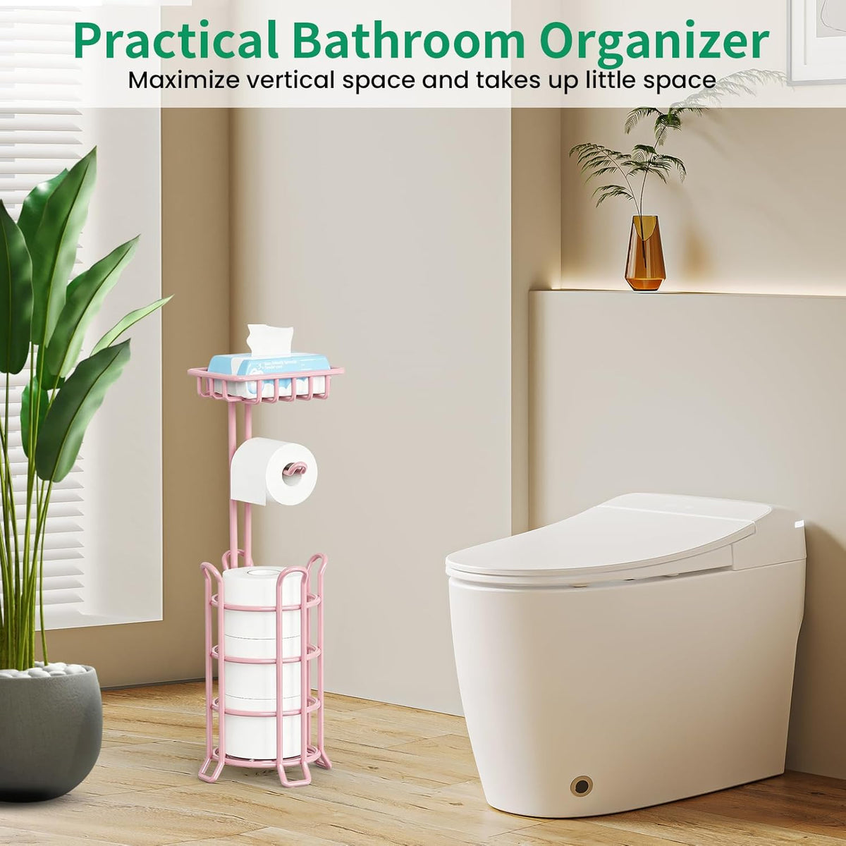 Toilet Paper Holder Free Standing with Shelf, Stable 4 Raised Feet