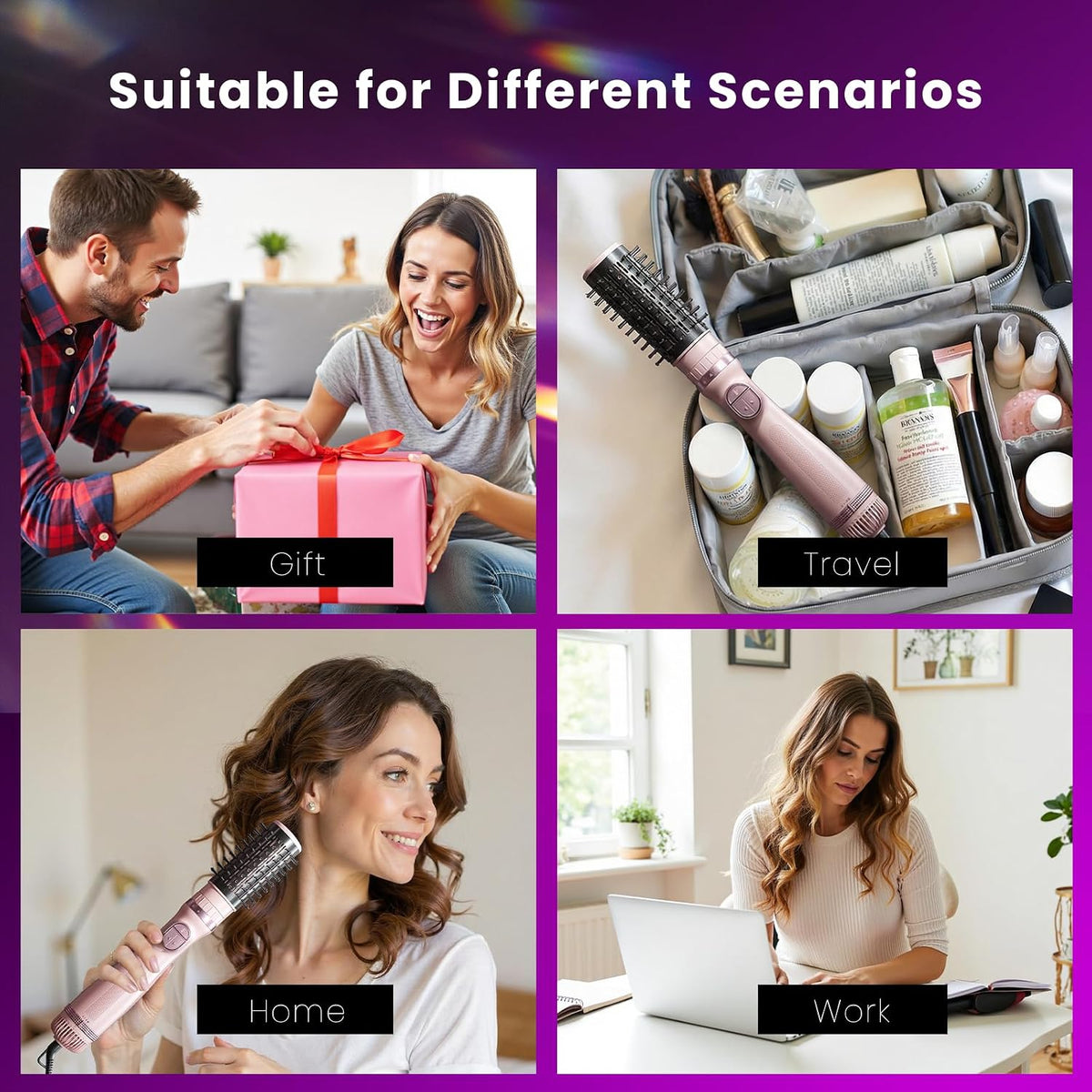 Blow Dryer Brush, 3-in-1 Rotating Hair Dryer Brush with 3 Heads for Drying Styling Volumizing Curling Sleeking in One Step for Long Hair, 3 Temperatures, Negative Ionen, Ceramic Coating, Pink