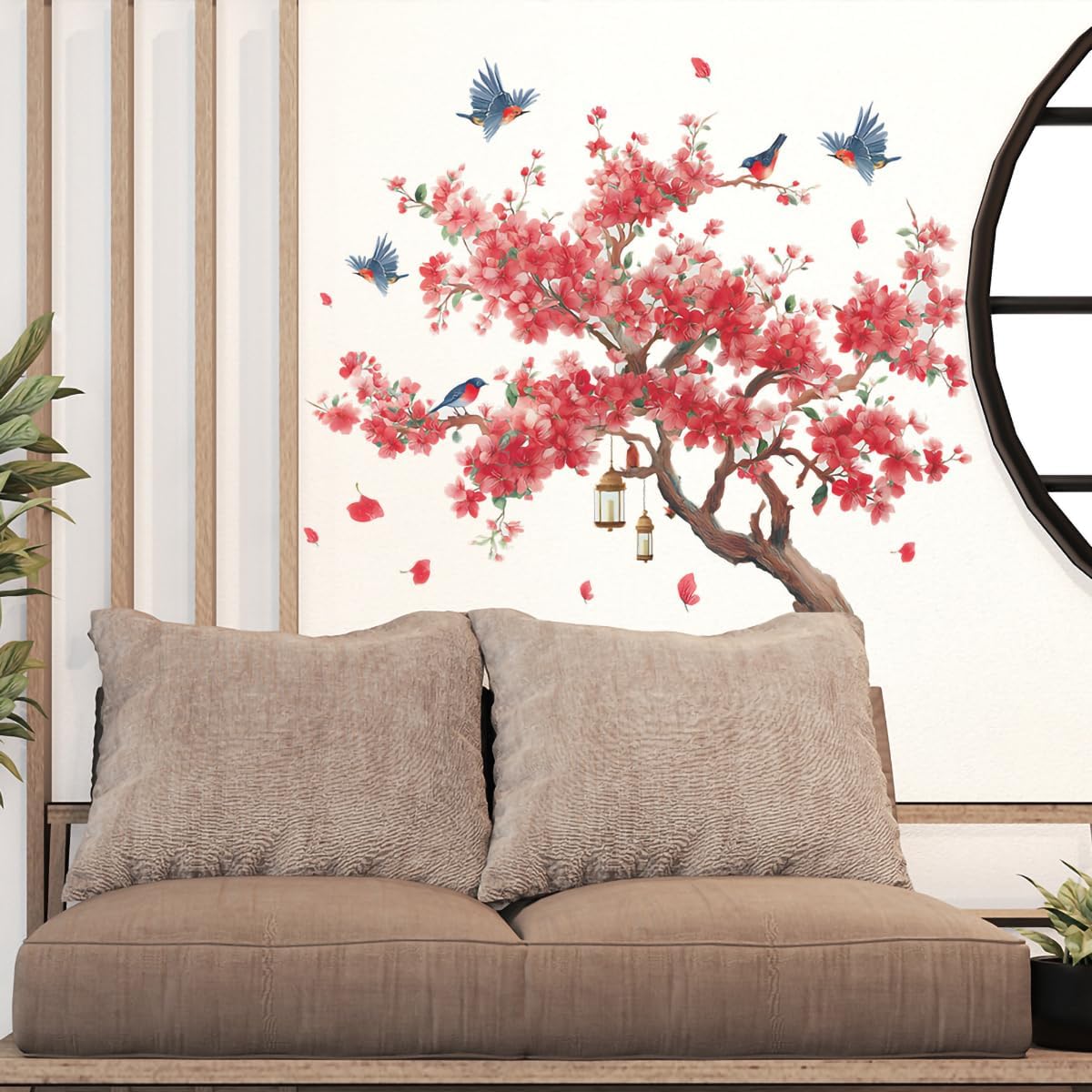 Large Peach Blossom Tree Wall Decals Pink Flowe Tree Branch Floral Birds Wall Stickers Peel & Stick Living Room Bedroom TV Background Wall Decor
