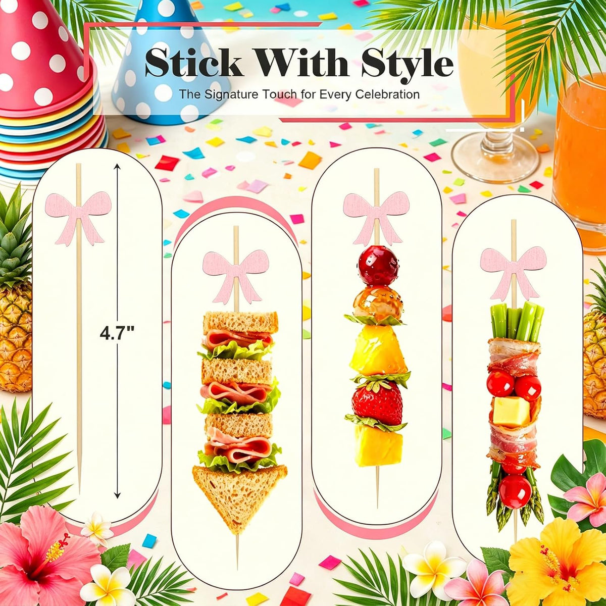 Pink Bow Cocktail Picks, 100pcs 4.7'' Fancy Toothpicks Food Sticks for Sandwich, Appetizers & Charcuterie, Fruit Skewers for Birthday, Bridal Shower, Wedding, Bachelorette, Garden Party Favors