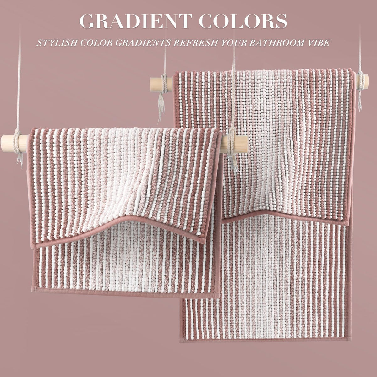 Bathroom Rugs Sets 2 Piece, Non Slip Striped Bath Mats, Mist Pink