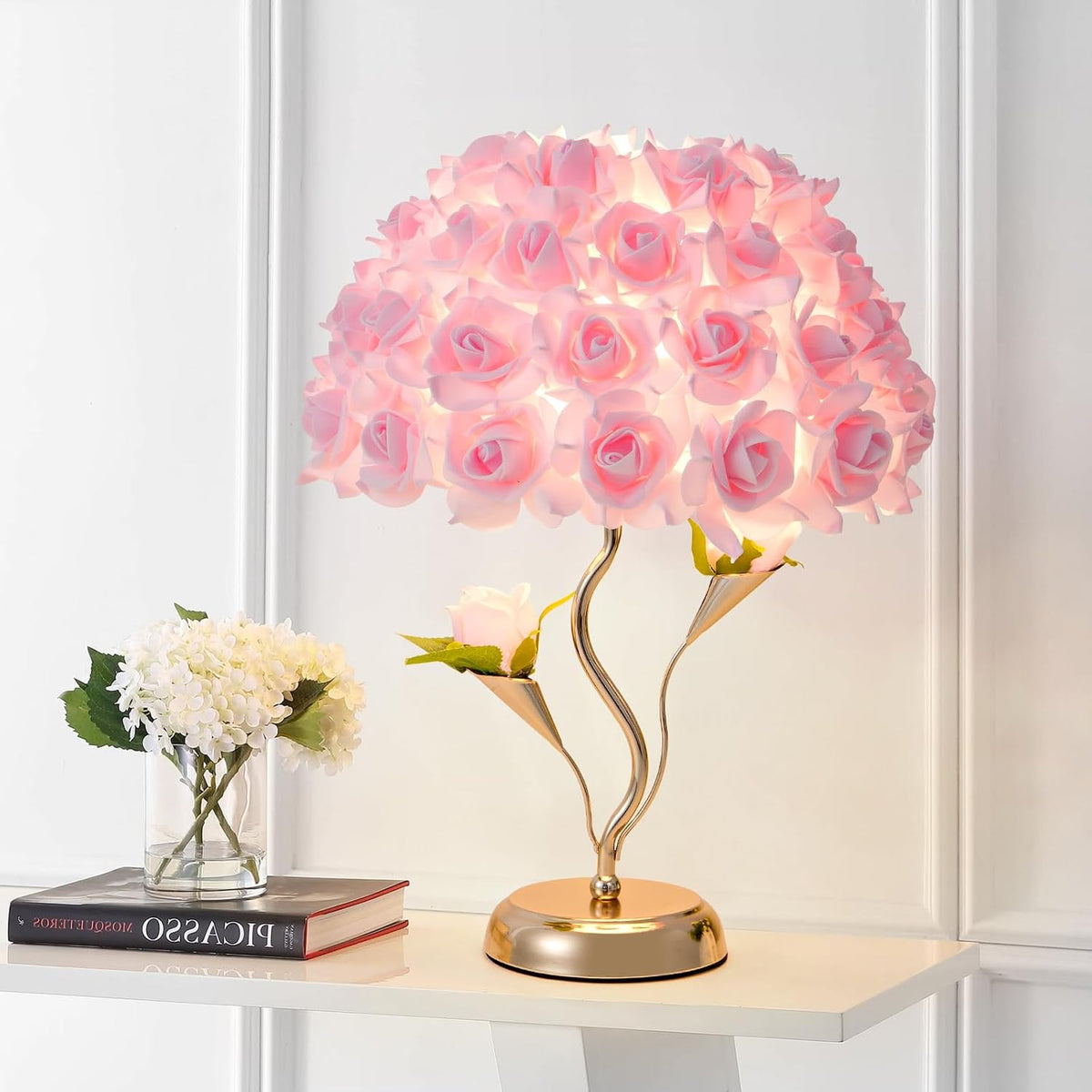 Pink Flowers Lamp Fabric Rose Table Lamp Cute Flower Desk Lamp Creative Bedroom Nightstand Light for Wedding Deco Valentines Dating Party Living Room Hotel Office Study Room