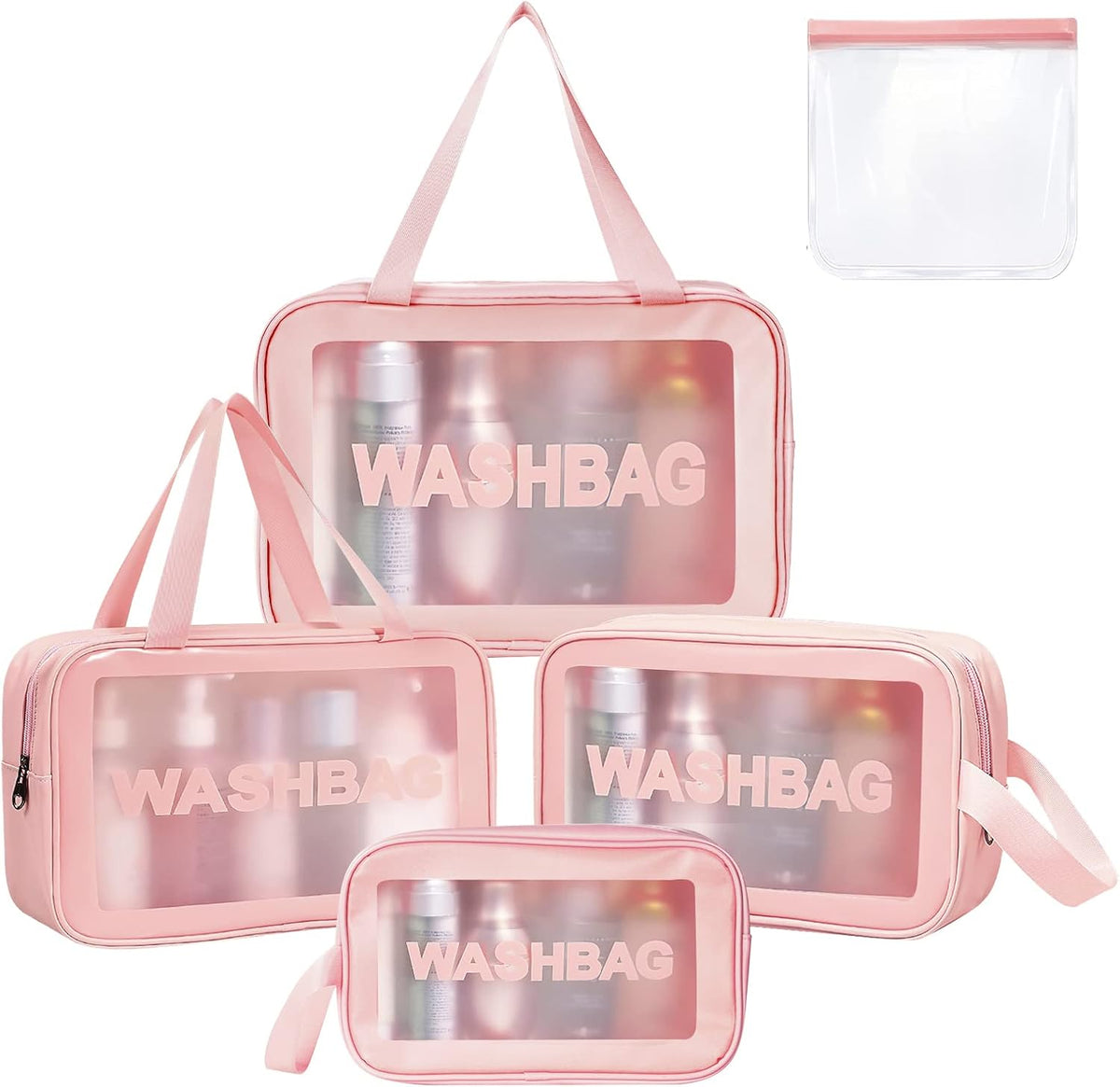 5PCS Clear Toiletry Bags, Wash Bag, Clear PU Makeup Bag, Waterproof Toiletry Travel Bag with Zipper Handle, Portable Airport Cosmetic Bag for Travel Bathroom Men Women (Pink)