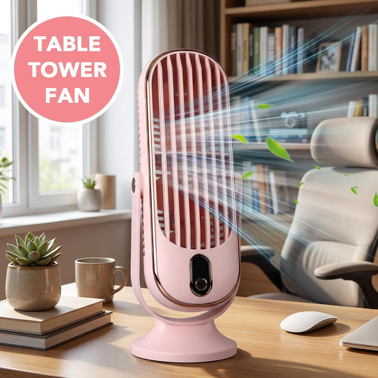 Table Tower Fan, 5 Speed Ultra Quiet 22dB USB Powered Compact Tower Fan with Turbo Airflow Detachable Blade, Portable Desktop Cooling Fan for Office Bedroom Outdoor (Pink)