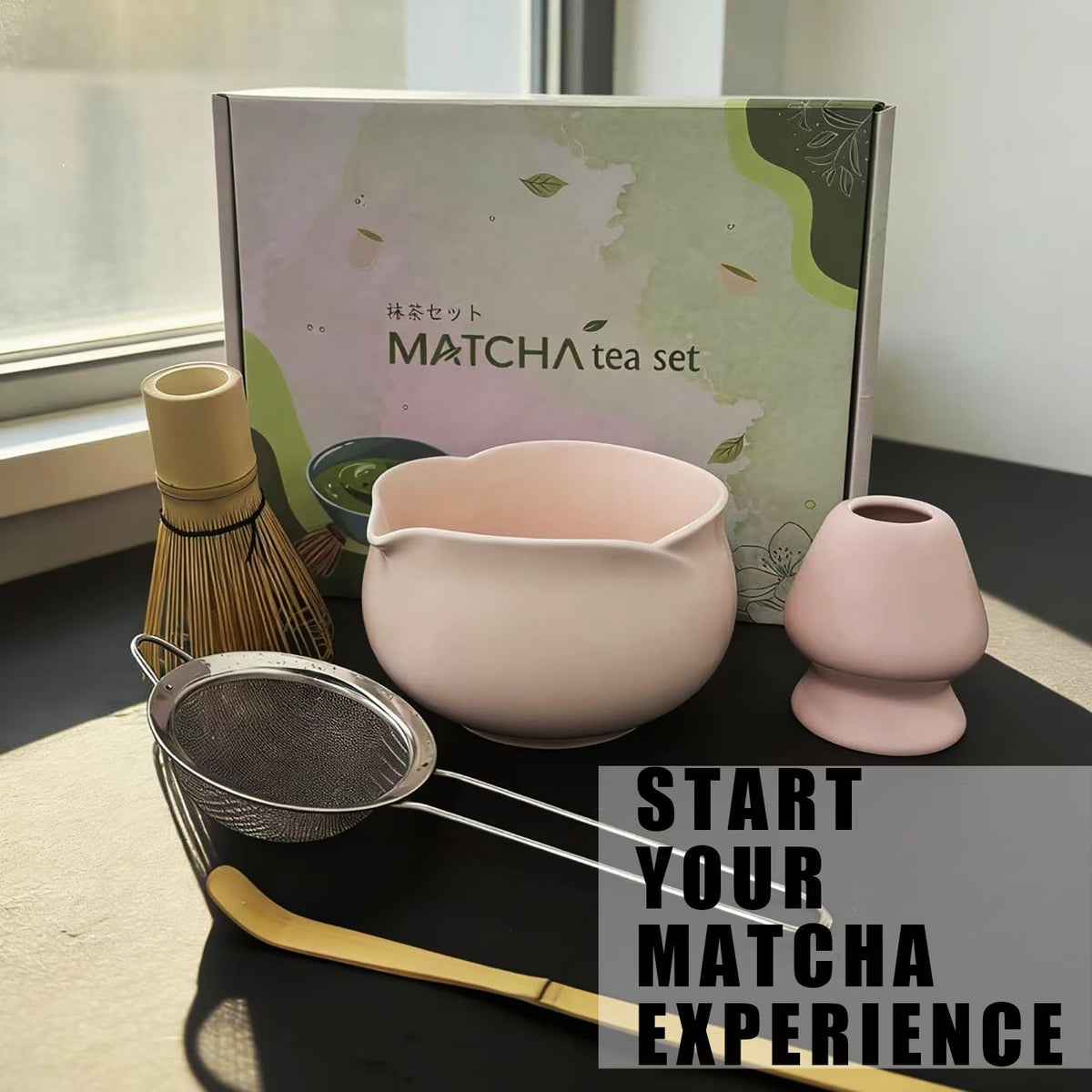 Matcha Whisk Set Pink, Ceramic Matcha Kit for Beginners & Tea Lovers